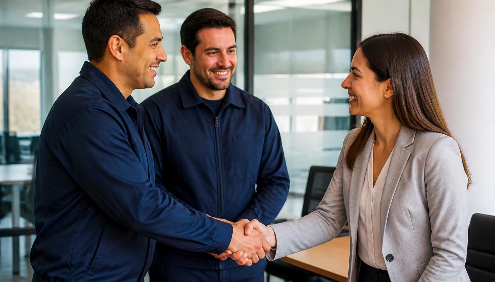 Equipo Virlux saludando con amabilidad a una clienta en una oficina de vidrio