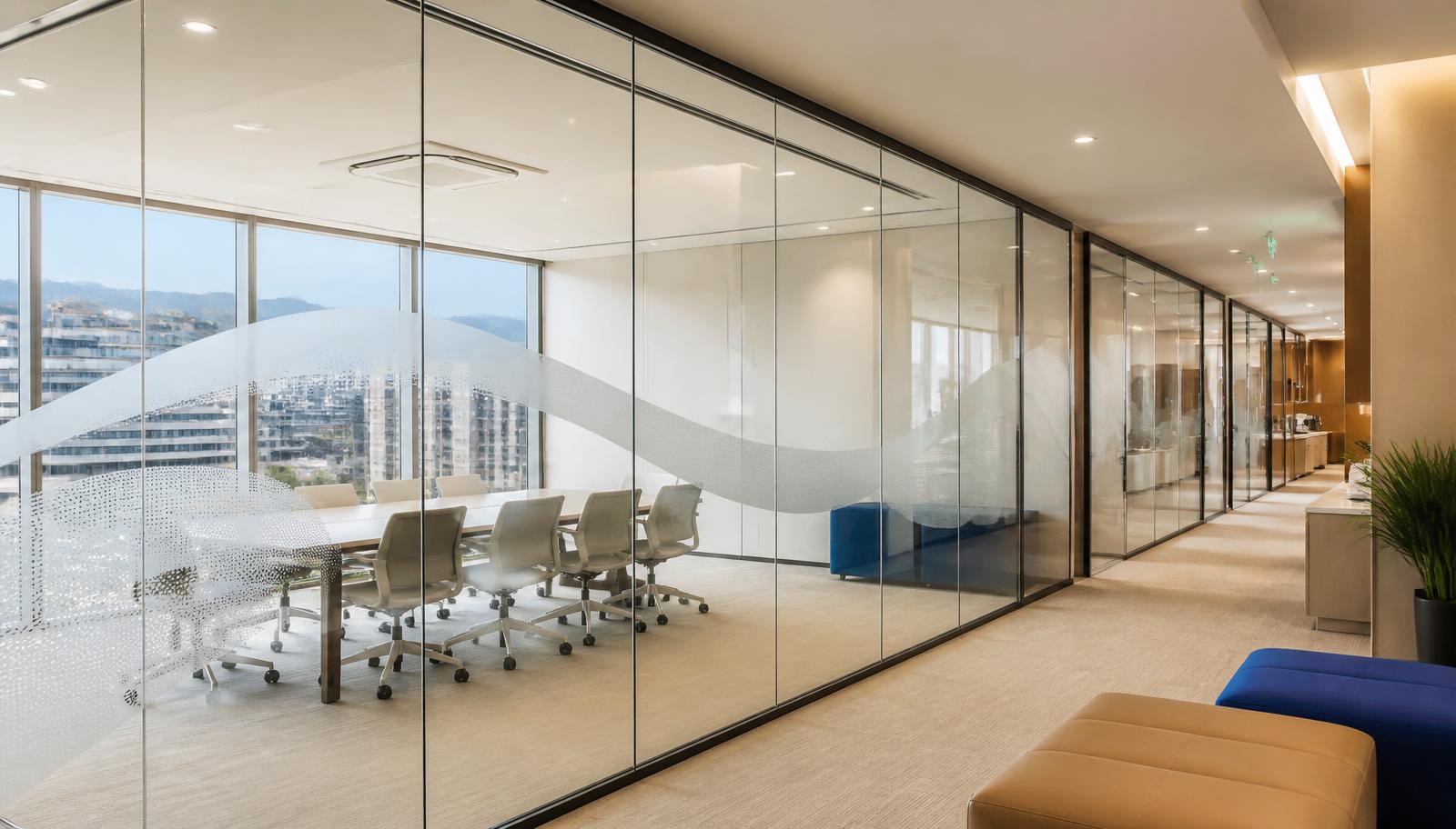Oficina moderna con láminas decorativas instaladas en los vidrios