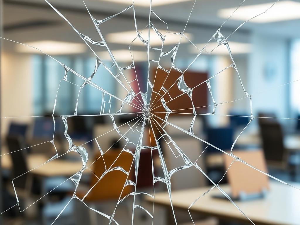 Vidrio quebrado que se mantiene en una pieza gracias a la lámina de seguridad