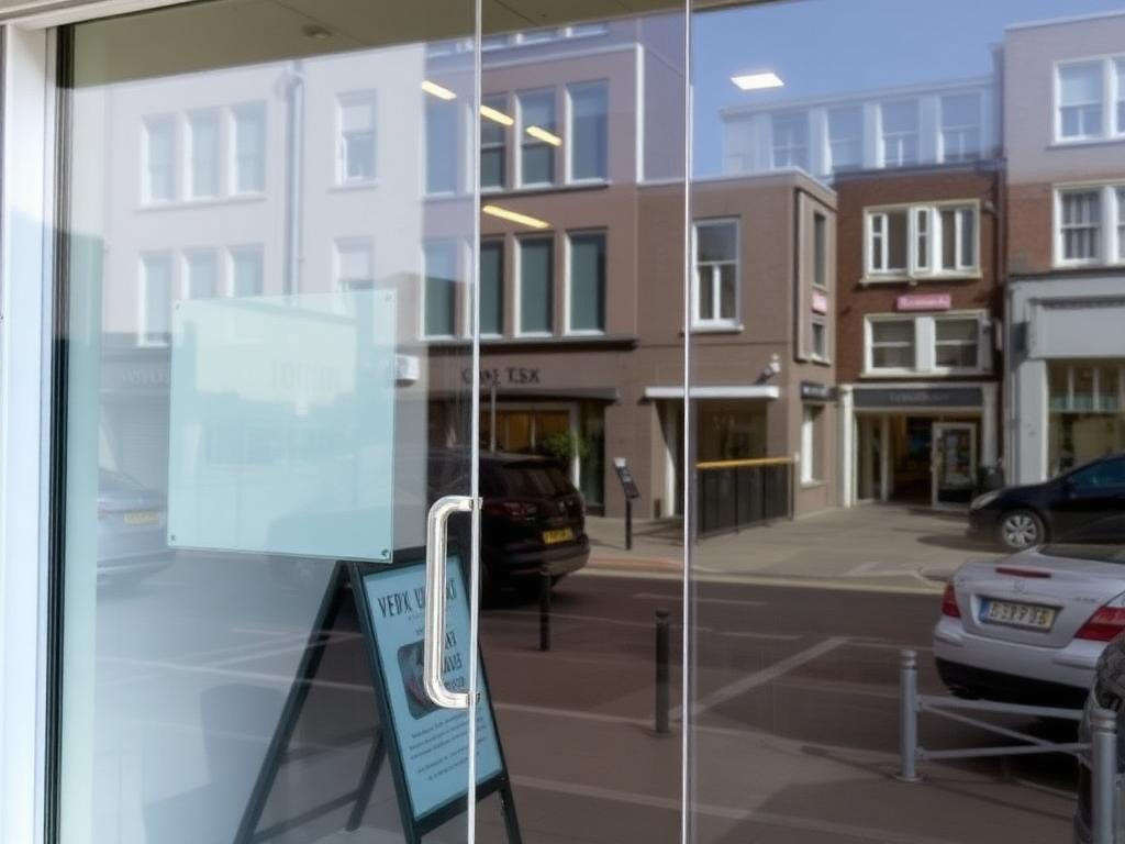 Puerta de vidrio de local comercial con lámina de seguridad transparente instalada