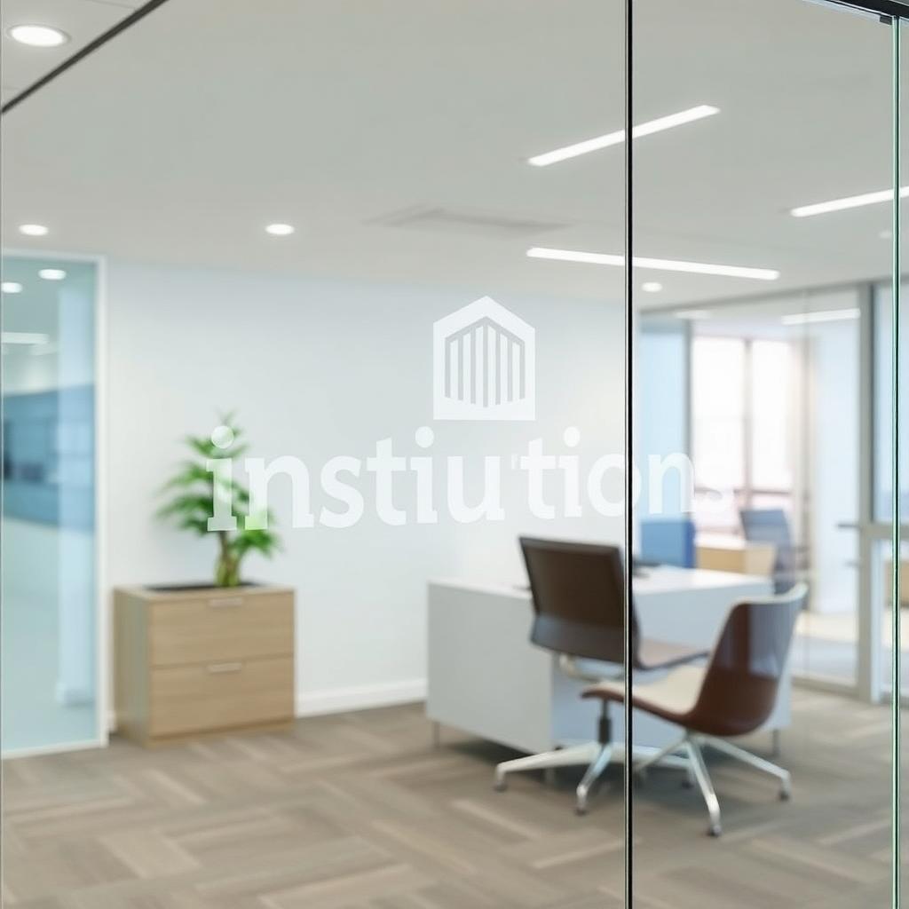 Logo institucional en vidrio de oficina corporativa